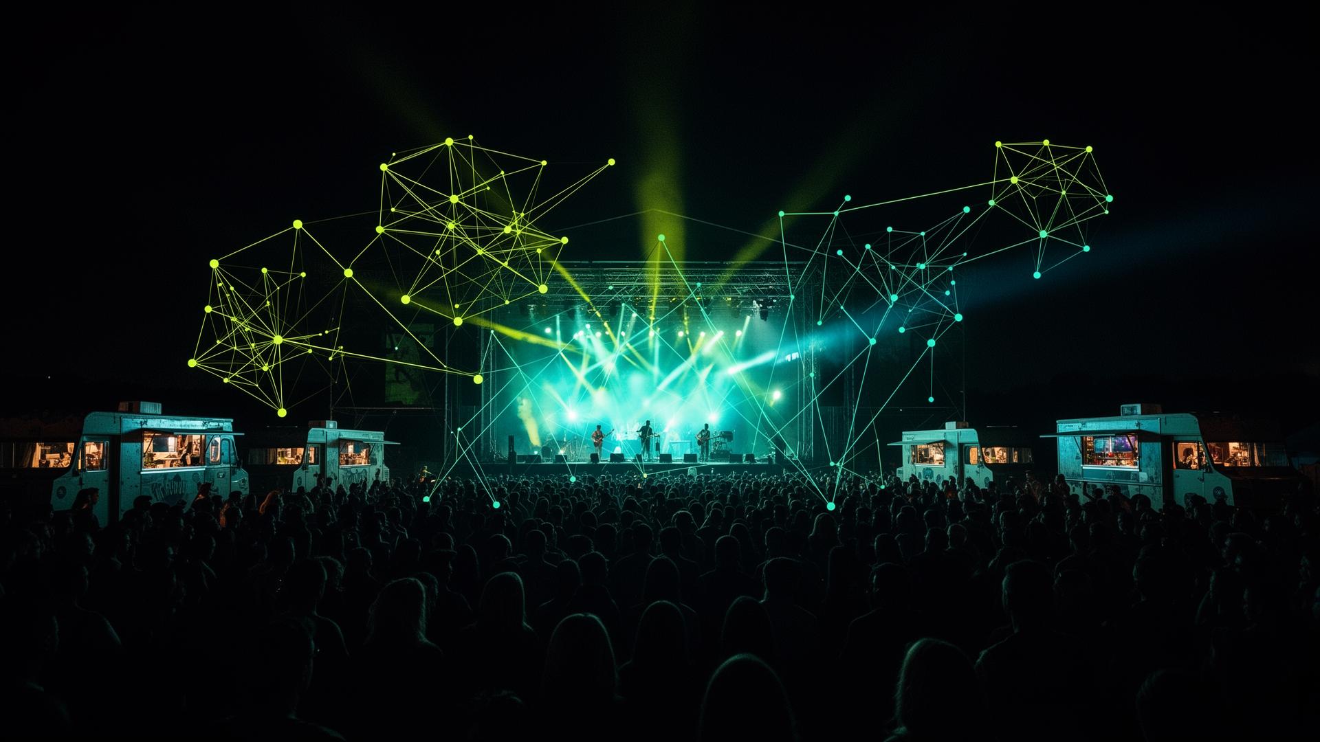 Festival nocturno con nodos de conectividad y food trucks