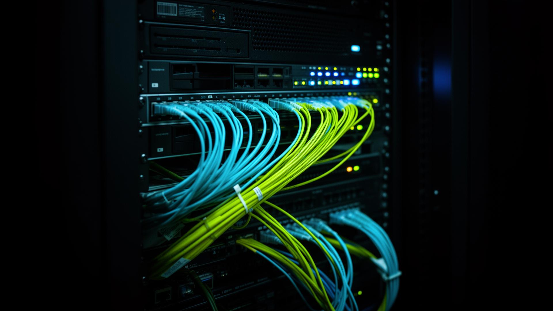 Rack técnico con fibra óptica y switches de red empresarial