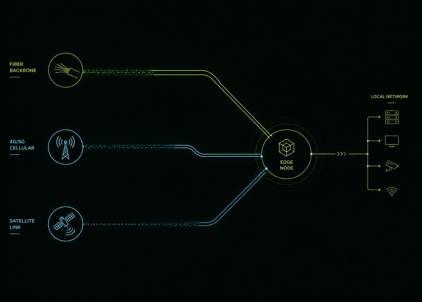 Diagrama de red redundante con fibra, 4G/5G y enlace satélite